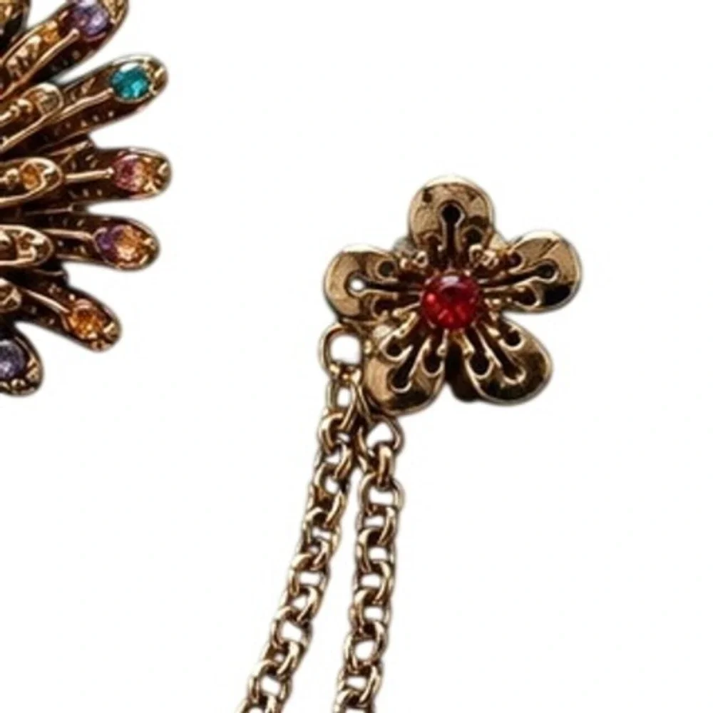 Peacock & Flower Double Chain Brooch   Pin Multi Colored Crystal Accents